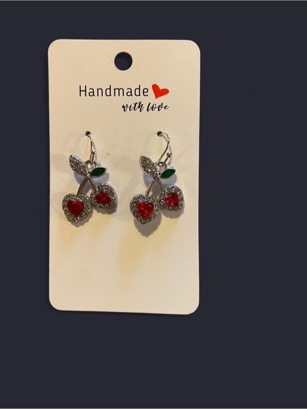Handmade Cherry Dangle Earrings with Red Heart Centers